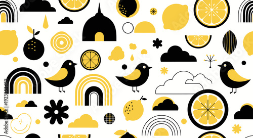 Black and yellow birds with lemons and abstract shapes.