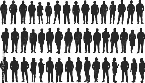 Rows of black silhouettes of men and women in business attire standing people woman