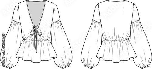 White peplum blouse technical fashion flat sketch featuring lace up front, long balloon puff sleeves, and gathered waist for design.