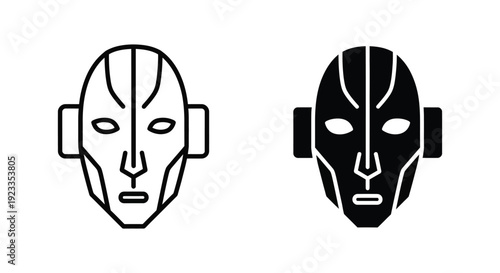 Futuristic android face icons in outline and solid styles representing artificial intelligence and robotics for modern technology interfaces