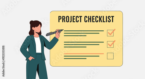 Businesswoman completing project checklist for task management and organization.
