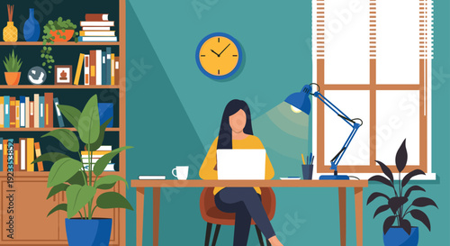 Woman Working on Laptop in Cozy Home Office with Bookshelf, Desk Lamp, Indoor Plants, and Window, Creative Workspace, Vector Illustration