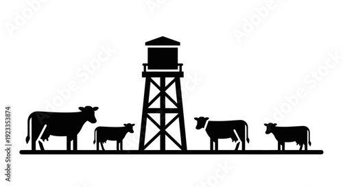 Cattle and Water Tower Silhouette on White Background.