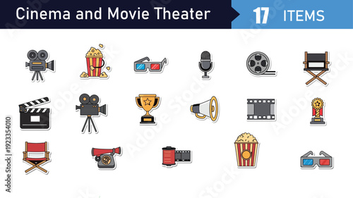 Cinema and Movie Theater outline icon collection. Includes film camera, popcorn, 3D glasses, microphone, film reel, director's chair, clapperboard, trophy