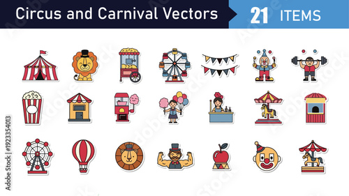 Circus and Carnival Vectors 21 items. Includes tent, lion, popcorn, ferris wheel, clown, strongman, and carousel symbols. Created in outline style with red, yellow, and blue palette.