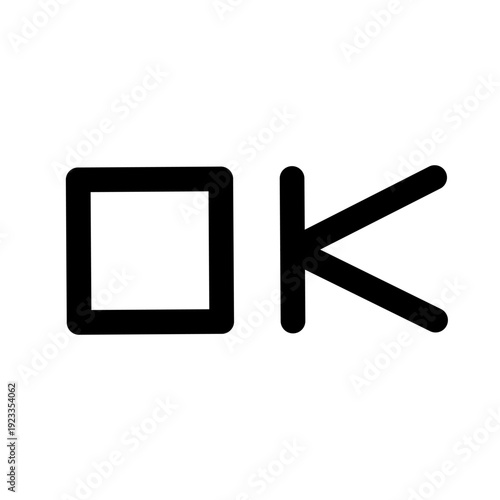 OK symbol icon in black outline style, square and checkmark letter combination isolated on white background, minimal approval and confirmation pictogram for UI and web design.