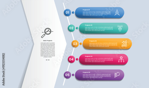 5 points infographic with glossy gradient style with big triangle badge container with round rectangle stacked list vertical with five segment information