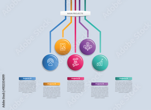 5 points infographic with glossy gradient style with big circle with line connection drop off from top with five segment information