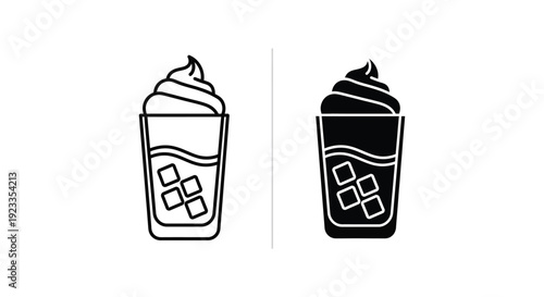 Minimalist iced coffee and frappe icons featuring whipped cream and ice cubes in line art and solid black styles for cafe menus and beverage branding.