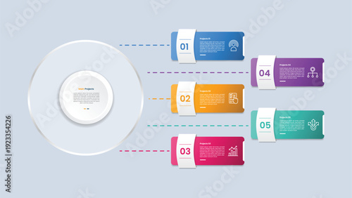 5 points infographic with glossy gradient style with big circle left with round rectangle unbalance structure with dotted line connection with five segment information