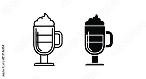 Minimalist coffee latte and cappuccino icons with whipped cream in line and solid styles for cafe menu design and web interface