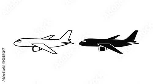 Minimalist commercial airplane icons featuring a side-view outline and solid black silhouette for aviation, travel, and logistics design projects