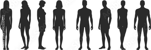 Silhouettes of men and women standing in a row against a white background Keywords: silhouette, people, man, woman, male, female