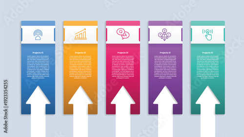 5 points infographic with glossy gradient style with tall vertical rectangle box with arrow through inside bottom area with five segment information