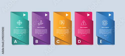 5 points infographic with glossy gradient style with creative vertical box with folding paper style with skew tilt area with five segment information