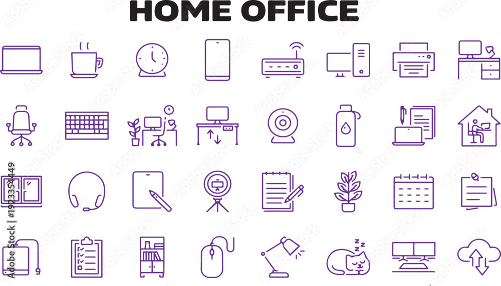 Fototapeta premium Home Office and Remote Work Line Icon Collection