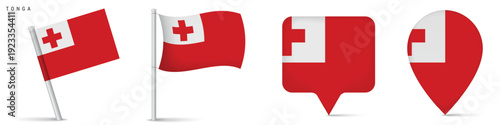 Tonga national flag icons including waving flag on pole and location marker shapes. Pacific island nation symbol isolated on white background for geography and travel design.