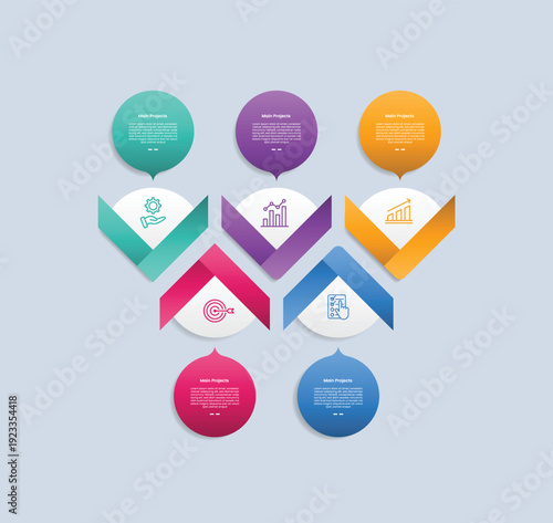 5 points infographic with glossy gradient style with big circle and ribbon arrow upside down combination with five segment information