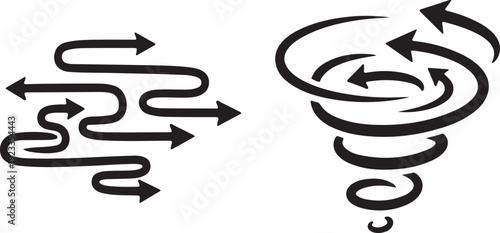Black arrows illustrating complex winding path and swirling vortex on white background Keywords