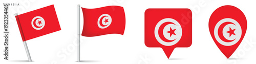 Tunisia national flag icons featuring waving flag and map marker symbols. North African country emblem isolated on white background for geography and travel design.