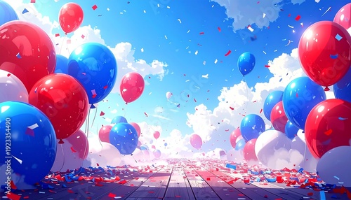 Festive Celebration - Balloons, Confetti, and Skyward Joy in a Patriotic Display.