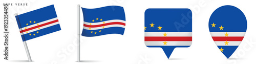 Cape Verde national flag icons featuring waving flag and map marker shapes. Atlantic island country symbol isolated on white background for geography and travel use. Free Download Cape Verde national flag icons featuring waving flag and map marker shapes. Atlantic island country symbol isolated on white background for geography and travel use. - GFXLoad