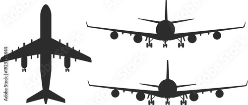 Three Airplane Silhouettes From Different Angles On White Background aircraft