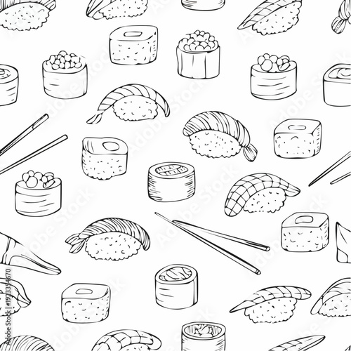 Hand drawn black and white seamless pattern of Japanese sushi and rolls.