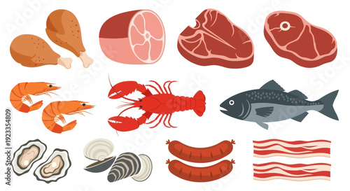 Collection of Raw Meats Seafood and Sausages.