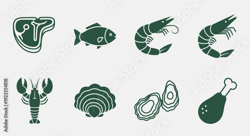 Collection of Seafood and Meat Icons Representing Different Food Types.