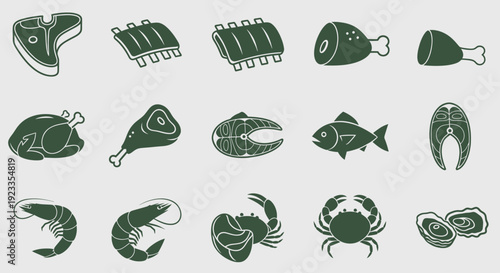 Collection of Raw Meat Fish and Seafood Icons.
