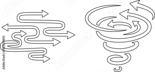 Outline arrows illustrating complex winding path and swirling vortex on white background