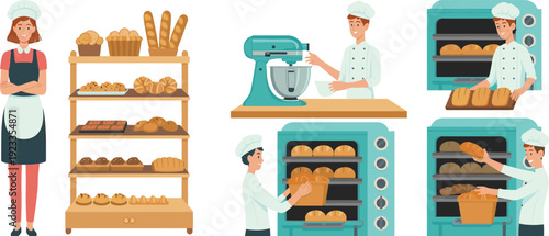Bakery team working illustration with bakers preparing dough, oven baking bread, pastry display shelf, professional kitchen vector set