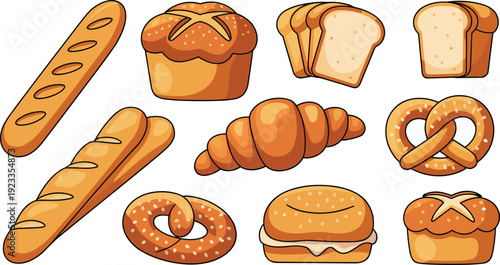 Collection of assorted bread and pastry illustrations including baguette, croissant, pretzel, sandwich bun, sliced loaf, bakery vector set