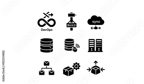 Modern DevOps Glyph Solid Icon Series with Build Deployment and Process Symbols