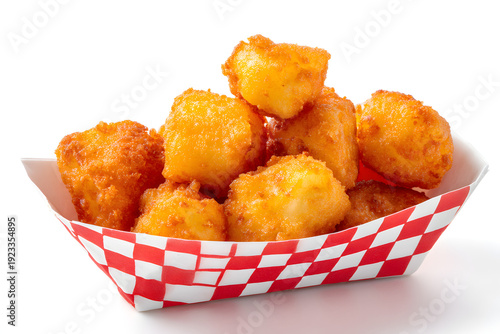 Wallpaper Mural Perfectly Symmetrical Golden Fried Cheese Curd Pyramid from Wisconsin Served in Red and White Basket Torontodigital.ca