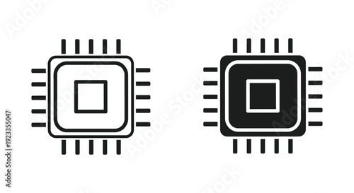 Minimalist CPU microchip icons in outline and solid styles for computer hardware and technology interface design