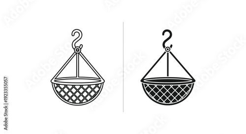 Set of minimalist hanging planter icons in outline and solid styles for gardening, home decor, and landscaping design projects