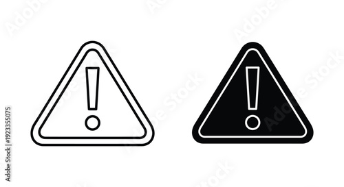 Minimalist warning and alert triangle icons with exclamation marks in outline and solid styles for digital interface safety notifications and hazard awareness.