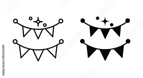 Minimalist black and white bunting garland icons for party celebrations, festivals, and birthday events, featuring outline and solid flag designs with decorative stars.