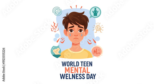 Illustration of a teen boy surrounded by mental wellness icons for World Teen Mental Wellness Day with a supportive theme.