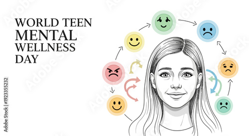 Illustration of a teen girl surrounded by colorful smiley faces for World Teen Mental Wellness Day with a mix of emotions.