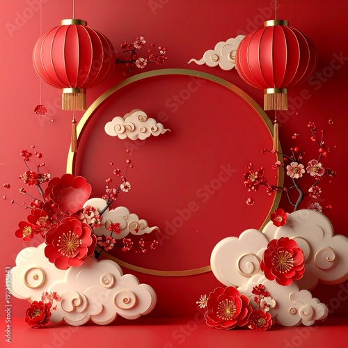 Festive Chinese New Year Decorations with Red Lanterns and Floral Accents.