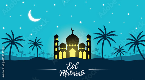 Eid mubarak night scene with crescent moon, stars and mosque among palm trees