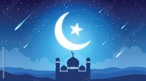 Islamic night sky with crescent moon and star above mosque