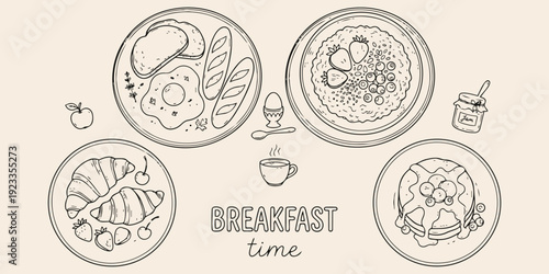 Breakfast time hand drawn vector illustration with plates of eggs pancakes cereal fruit and coffee outline doodle style food composition minimal line art design isolated background