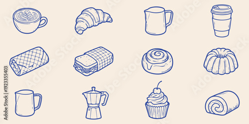 Hand drawn bakery and coffee icon set vector illustration with croissant cupcake cake coffee cup moka pot and pastry line art collection minimal outline food symbols isolated on beige background