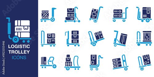 Logistic Trolley icon set. Containing cargo, shipment, delivery, supply, distribution and more. Solid vector icons collection. Vector illustration.