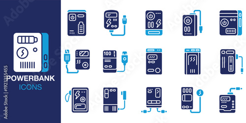 Powerbank icon set. Containing recharge, energy, power, backup, mobile, smartphone and more. Solid vector icons collection. Vector illustration.