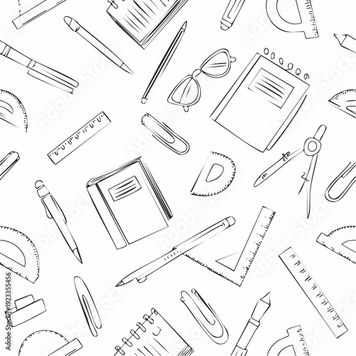 Hand drawn seamless pattern featuring various school and office supplies stationery items for education and work.